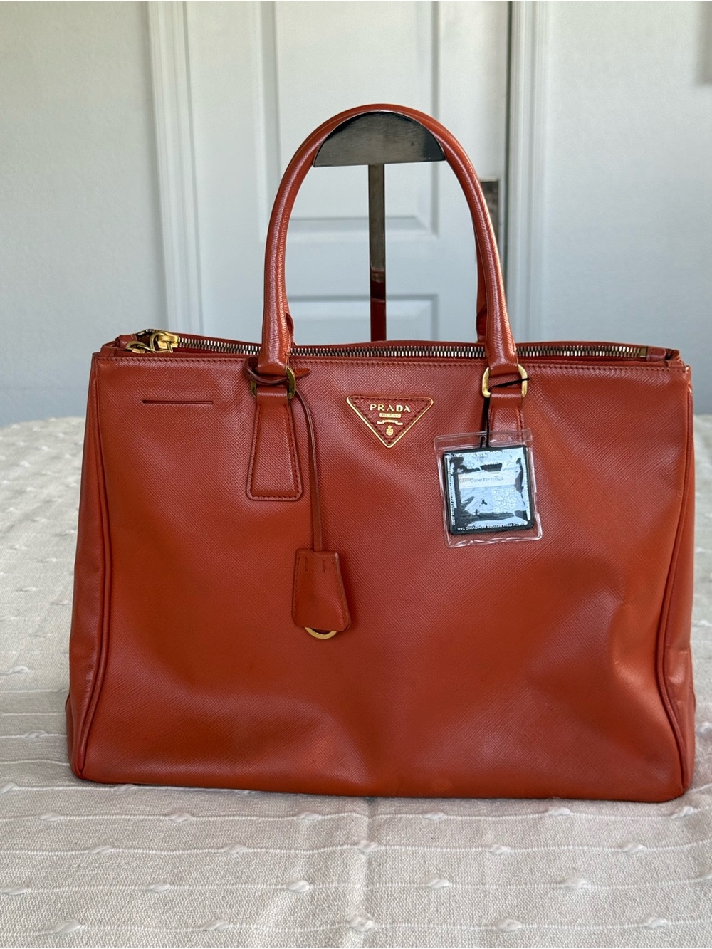 Prada Men's Saffiano Leather Briefcase in Burnt -Orange
